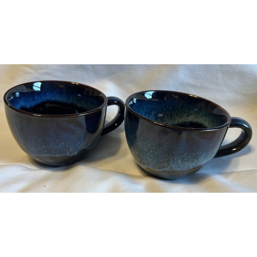 Set of 2 Blue/Black Glazed Ceramic Coffee Cups w/ Handles Abstract Decor 3in